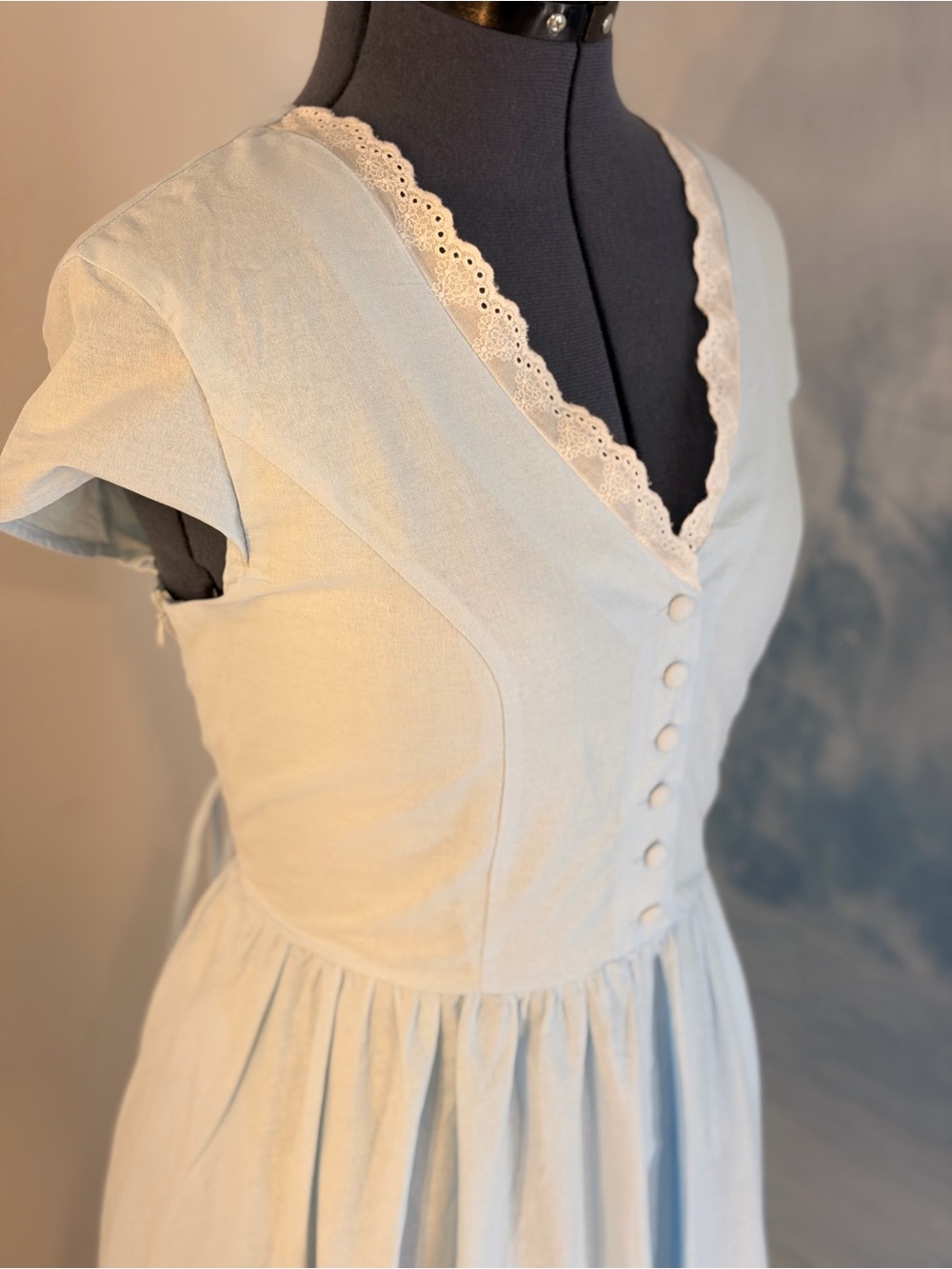Light Blue w/ White Lace-Trim Tea Length Dress 149 - Picture 4 of 11